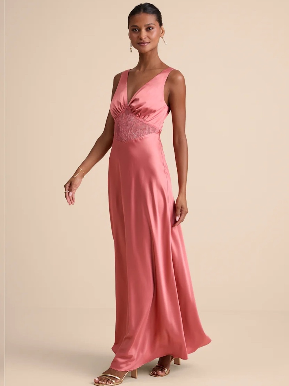 Lulu's Satin Maxi Dress in Rose Pink with Lace Waist